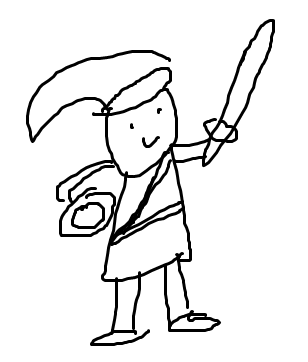 A cartoon person wearing a floppy pointed cap, a sash over their left shoulder, and a belt. The person holds a sword in their left hand and a shield in their right.