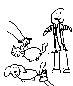 A cartoon cat and a cartoon dog. Hands coming from outside the image are seen next to them. To the upper right is a standing person wearing a vertically striped shirt. There is something protruding from the standing person's mouth.
