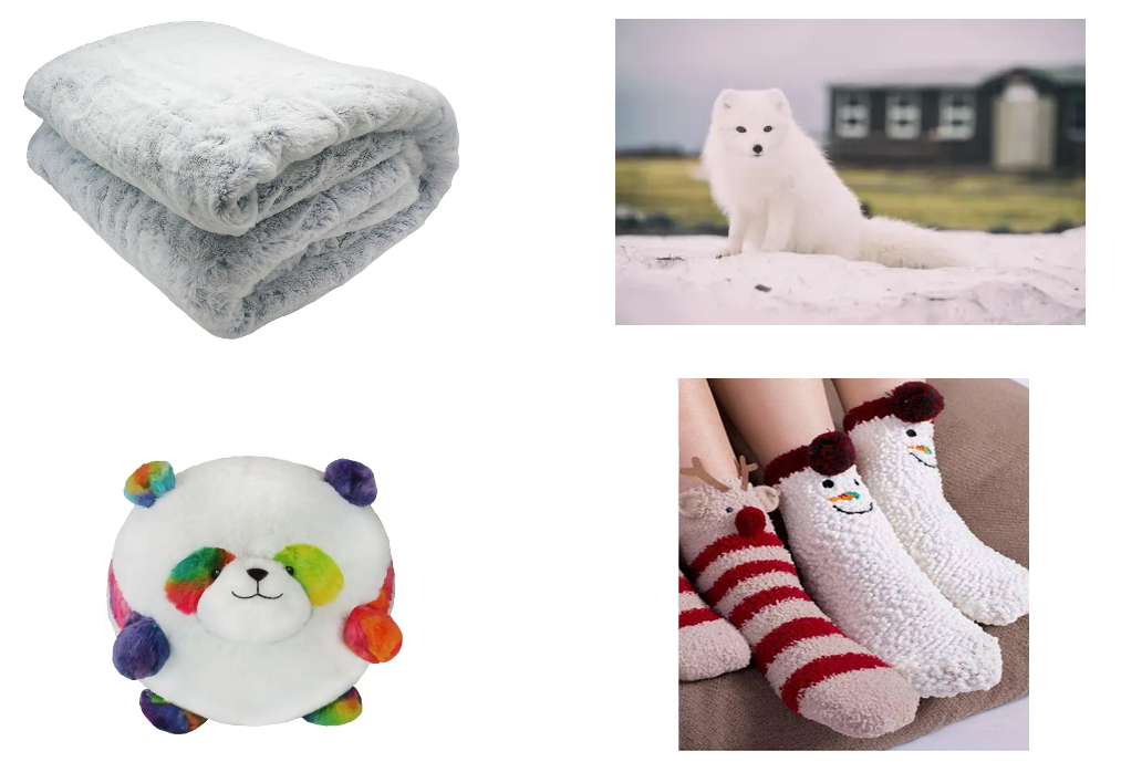 A collage of four images, clockwise from top left: a white folded fleece blanket; a white arctic fox; two pairs of fuzzy socks with faces being worn, the left pair being pink with white stripes and a spherical red nose, the right pair being white with a carrot nose; and a stuffed panda with rainbow markings