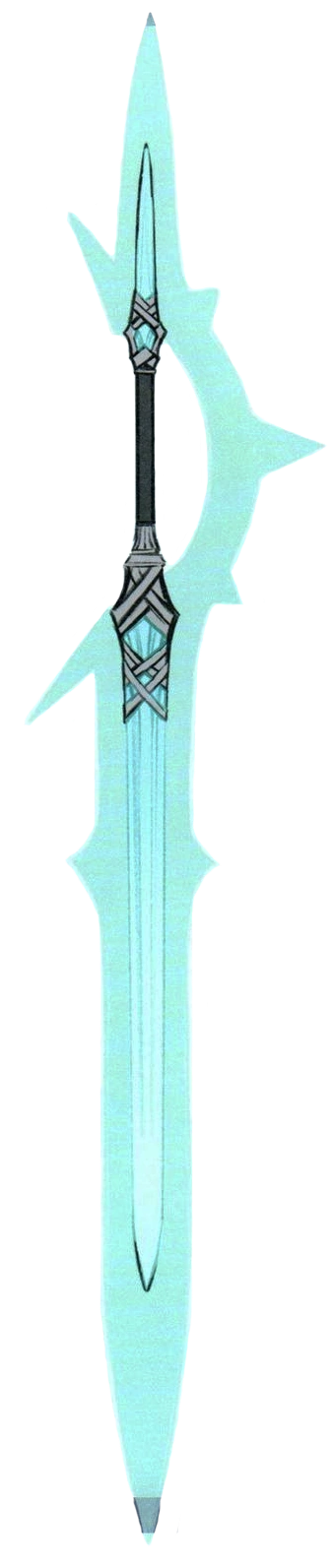 Illustrated light cyan sword with a black handle in the top-middle, silver ornamentation near the handle, and a bright cyan aura that arcs around the right of the handle