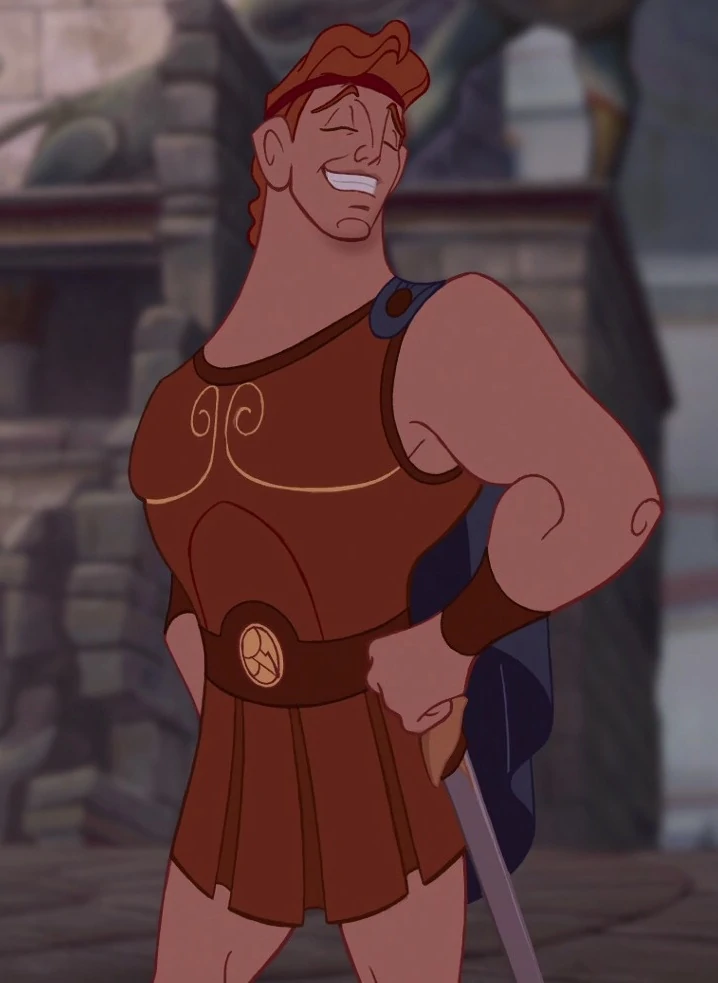 A Disney cartoon man with orange hair, wearing a dark blue cape and dark orange Greek tunic and having a sword at his side, smiling and posing