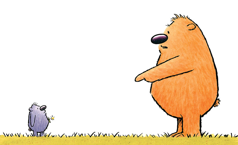 Cartoon illustration of two bears; the larger bear on the right is yellow and is pointing at the purple bear to the left, who is holding a small yellow flower