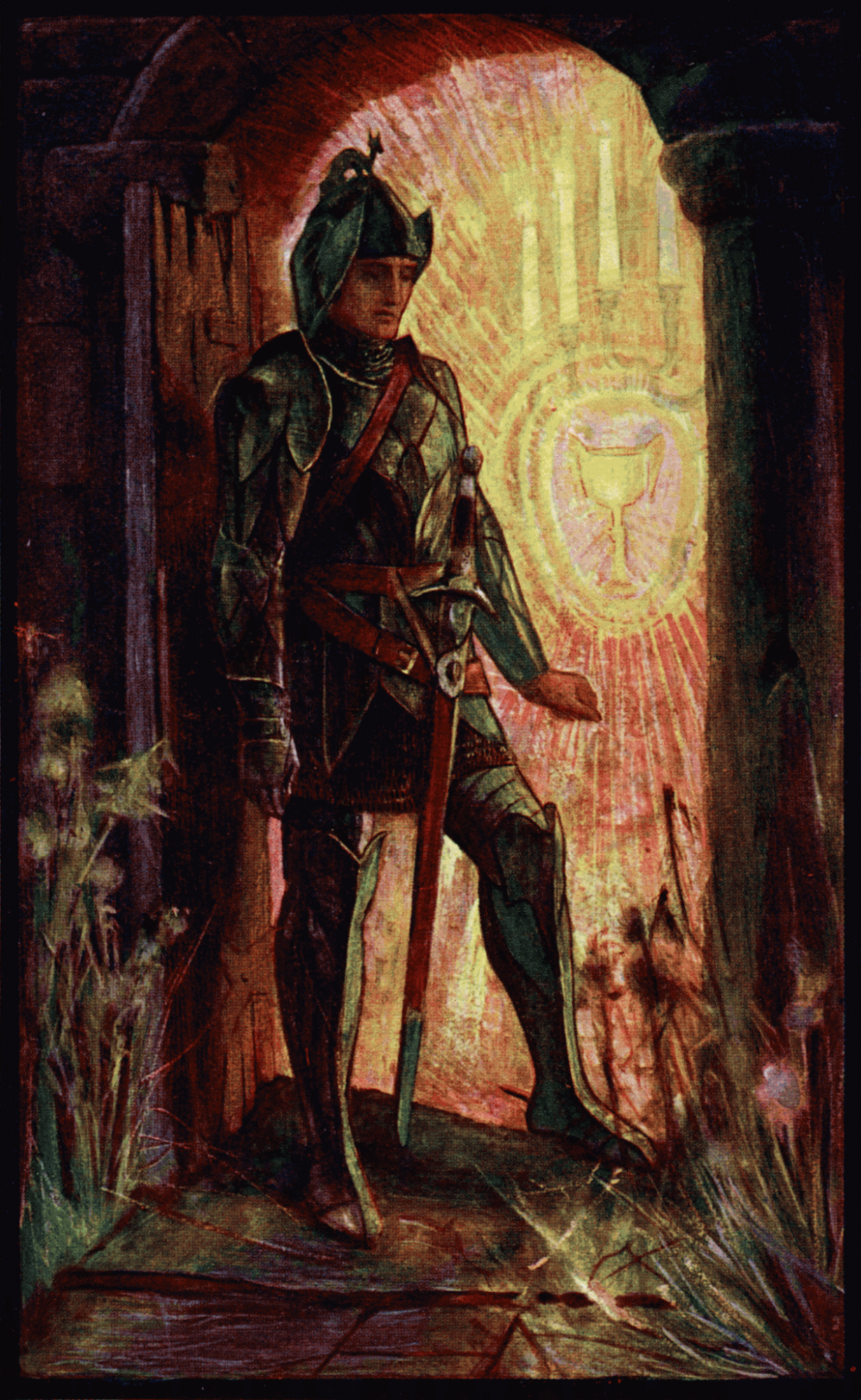 Illustration of a fully armored knight in a brightly lit doorway that features rays emanating from a a yellow goblet and candles